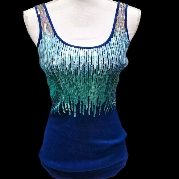 Express Ombre Sequin Tank Top S – Blue Green Scoop Neck Stretch Twilight Glam - Picture 4 of 12